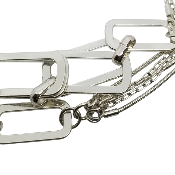 NINE WEST NWT SILVERTONE LAYERED SNAKE CHAIN & OPEN RECTANGLE ACCENTS NECKLACE - Picture 4 of 6